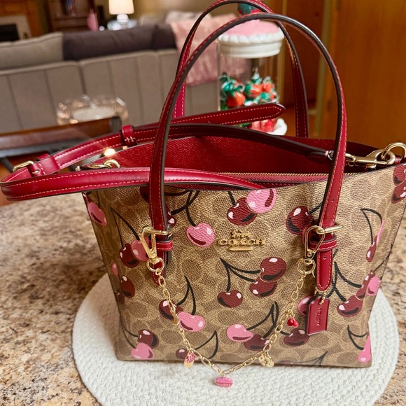 Coach Handbags - Coach Cherry Print Tote - Tan and Pink